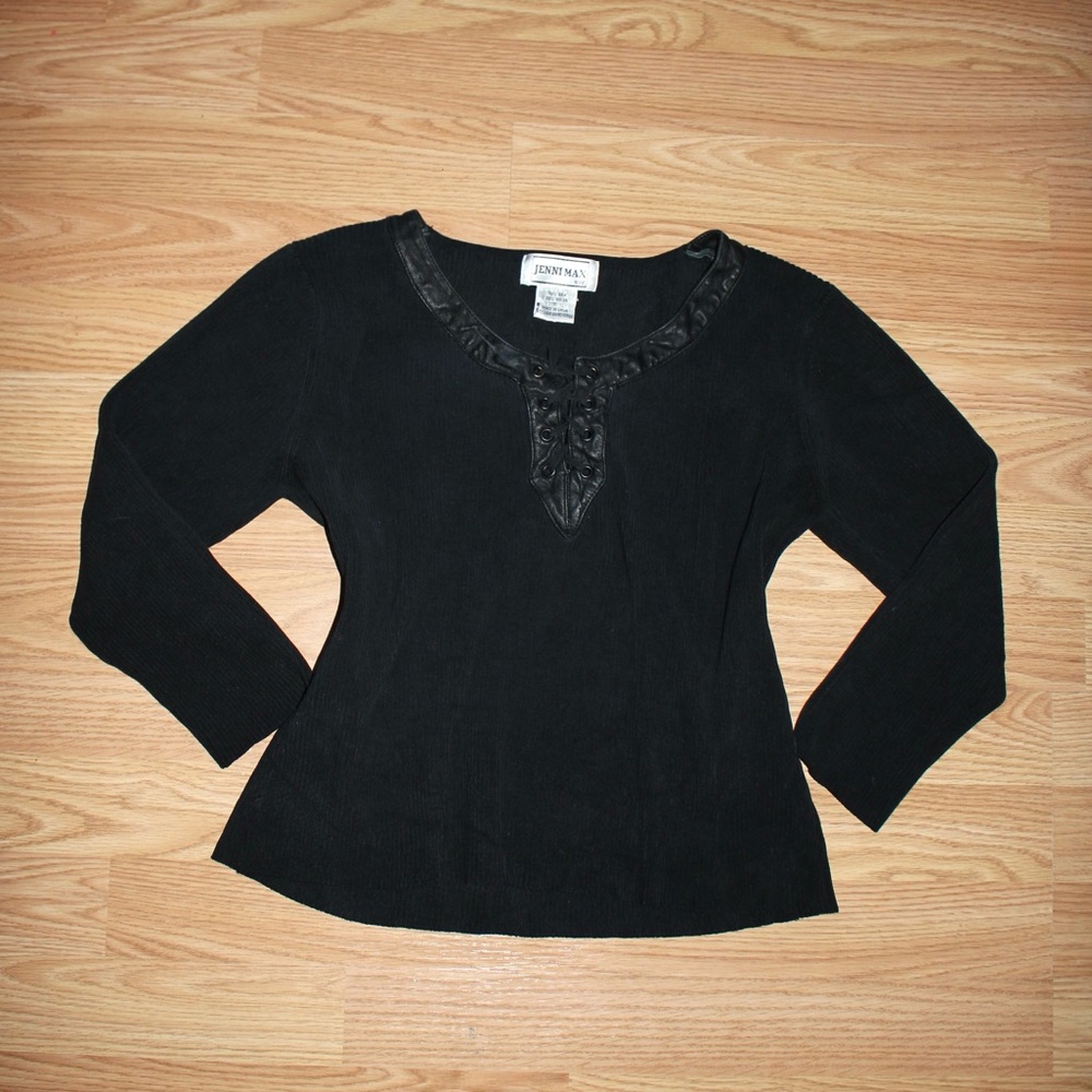 Jenni Max NYC Black Quarter-Sleeve Scoop Neck Top with Lace Up Trim